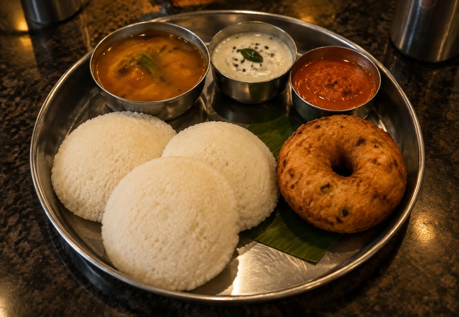 Steel thali with three idlis, a vada, sambar and chutneys